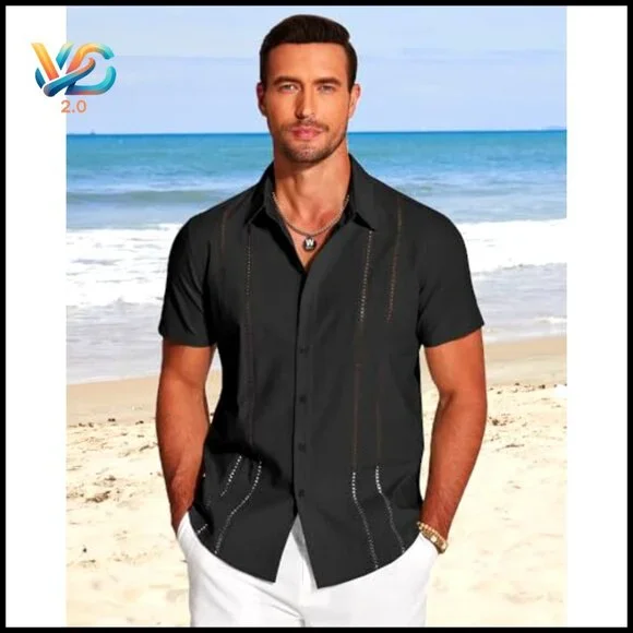 Men's Cuban Guayabera Shirt Short Sleeve Button Down Casual Summer Beach Linen